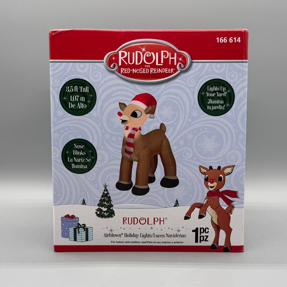 Gemmy 3.5 ft Standing Rudolph w/ Santa Hat Lighted LED Inflatable Christmas New